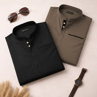 Pack Of 2 Urban Fit Black & Mehendi Short Linen Kurta For Men