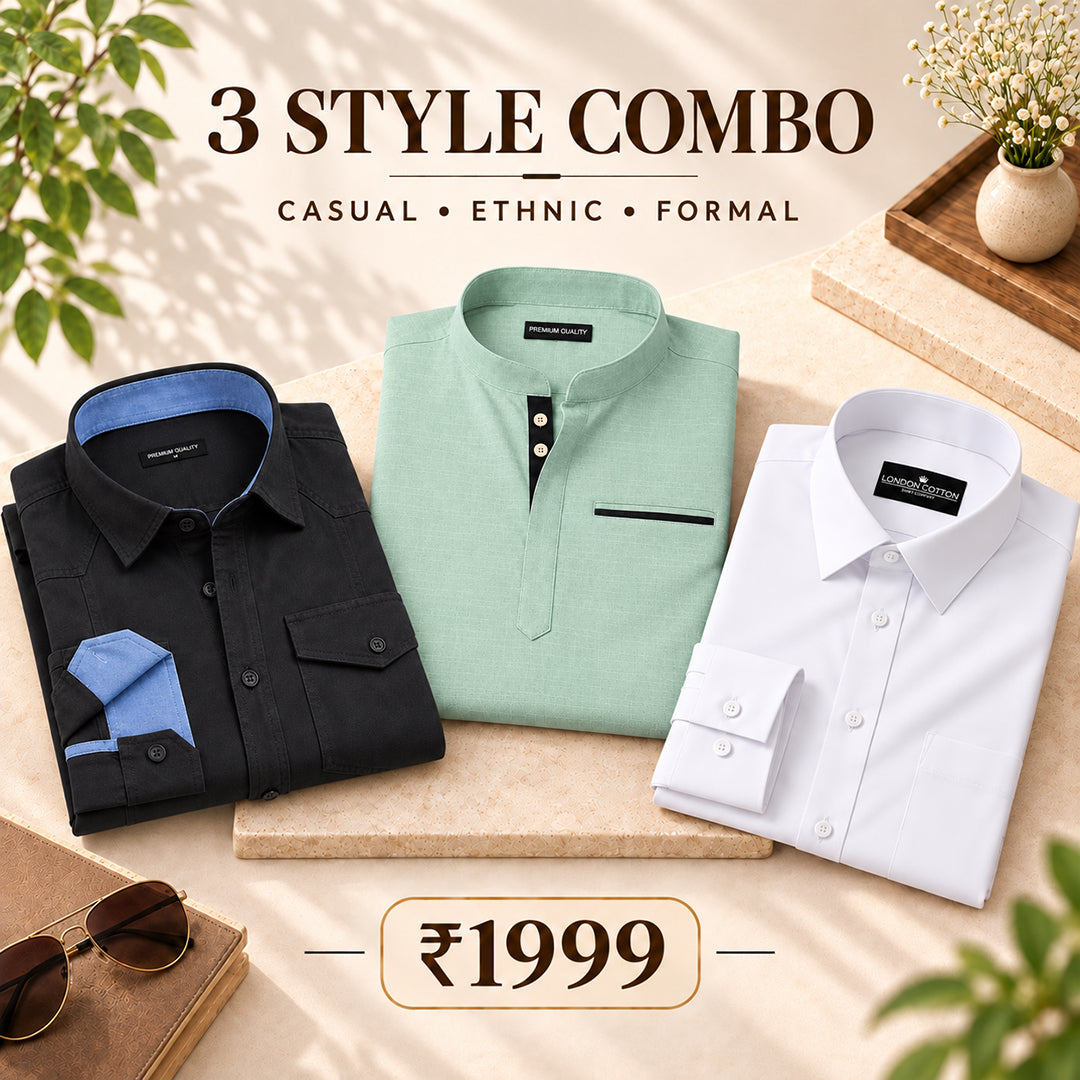 3 Style Combo (Black Cargo, Sea Green Kurta, White Plain Shirt)