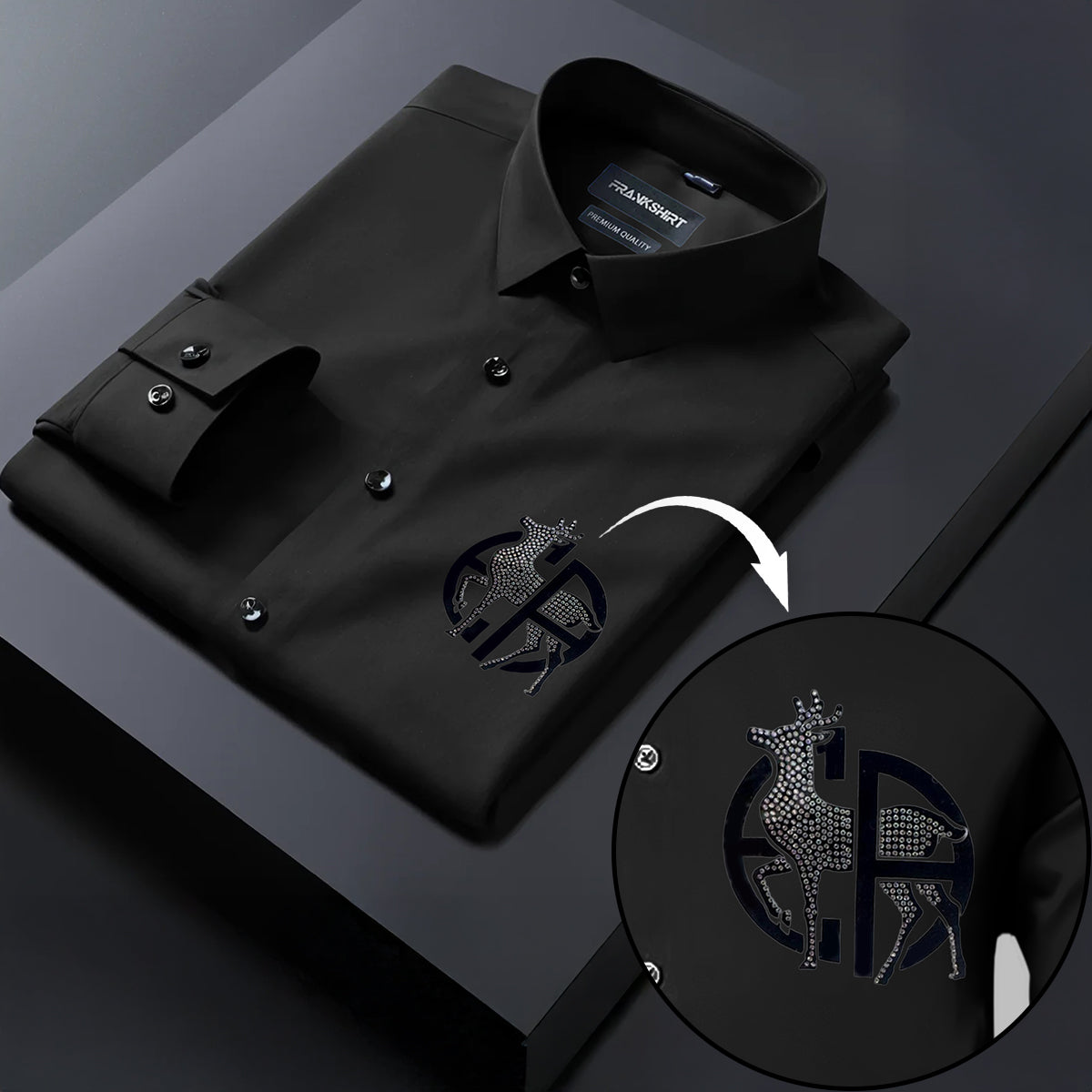 Black dress shirt with a detailed logo on a dark background