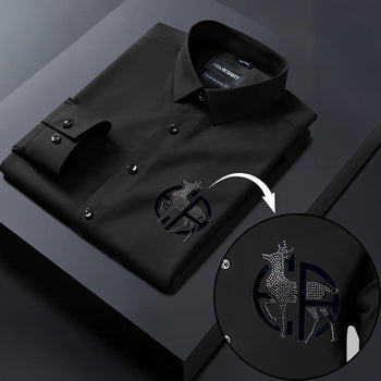 Black dress shirt with a detailed logo on a dark background