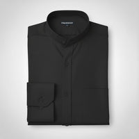 Folded black dress shirt with 'FRANKSHIRT' branding on a light gray background
