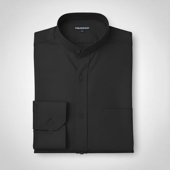 Folded black dress shirt with 'FRANKSHIRT' branding on a light gray background