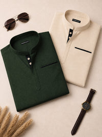 Pack Of 2 Urban Fit Bottle Green & Cream Short Linen Kurta For Men