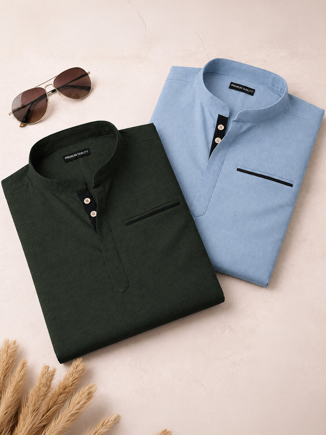 Pack Of 2 Urban Fit Light Blue & Bottle Green Short Linen Kurta For Men