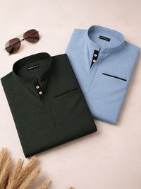 Pack Of 2 Urban Fit Light Blue & Bottle Green Short Linen Kurta For Men