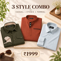 3 Style Combo (Bottle Green Cargo, Orange Kurta, Silver Plain Shirt)