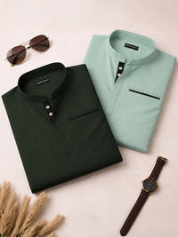 Pack Of 2 Urban Fit Bottle Green & Sea Green Short Linen Kurta For Men