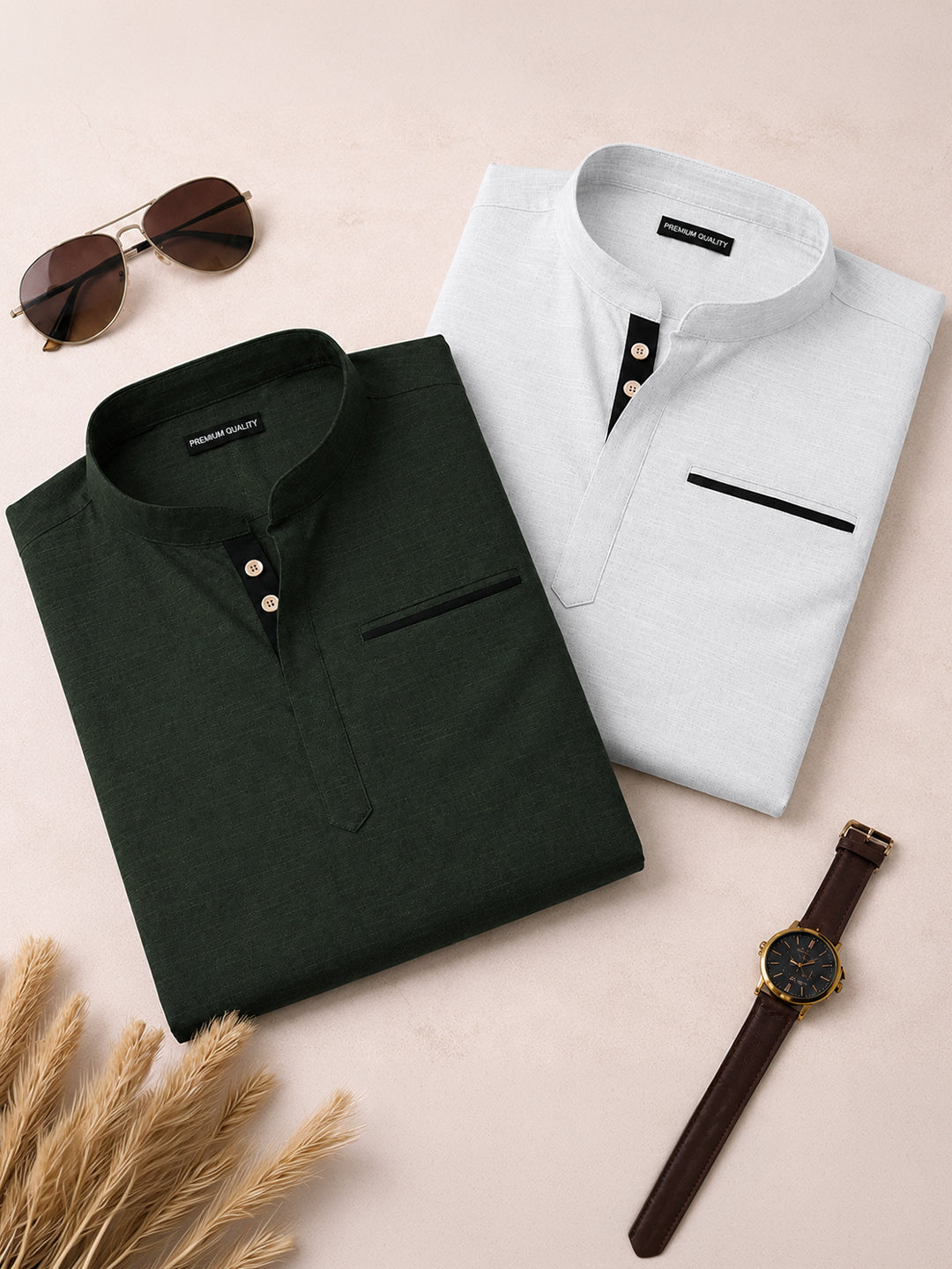 Pack Of 2 Urban Fit Bottle Green & White Short Linen Kurta For Men