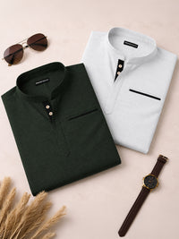Pack Of 2 Urban Fit Bottle Green & White Short Linen Kurta For Men