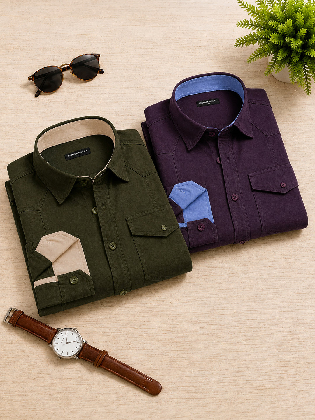Pack Of 2 Cargo Style Bottle Green & Wnie Shirt