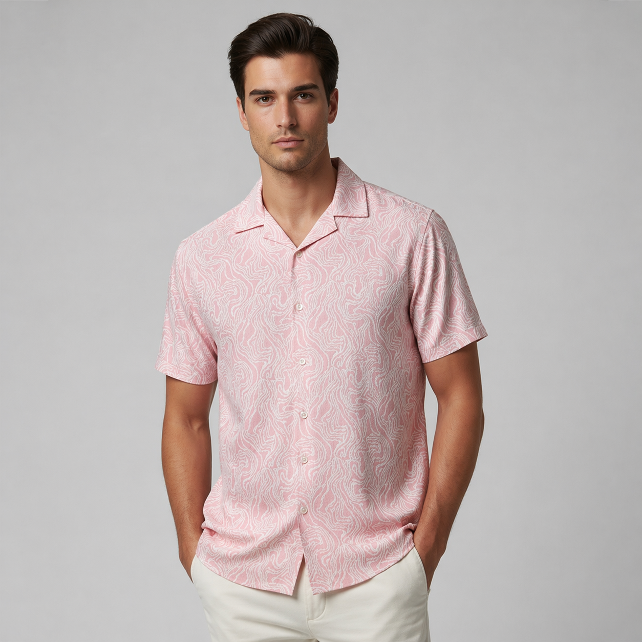 Soft Pink Swirl Printed Cuban Collar Half Sleeve Shirt For men