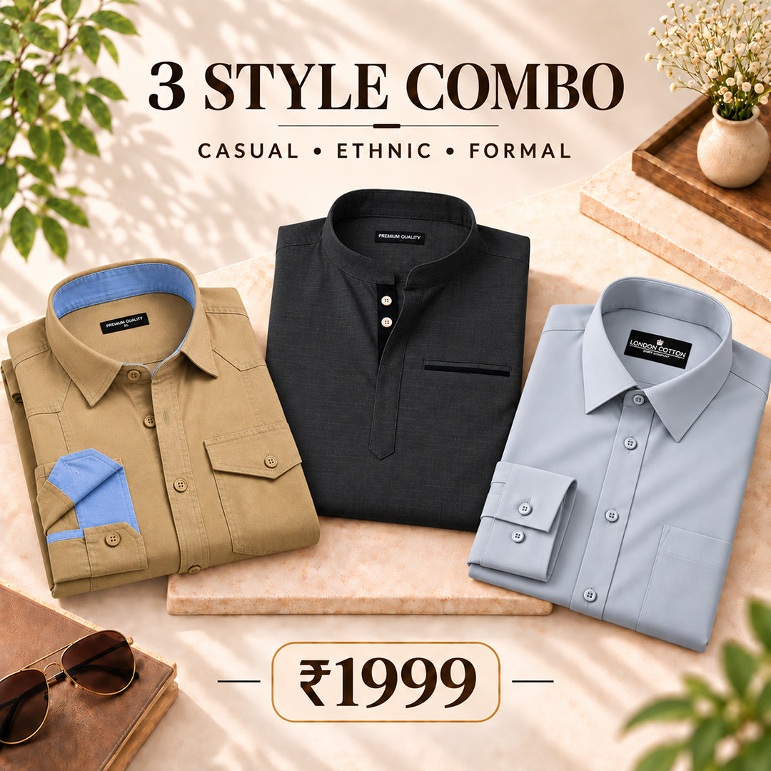 3 Style Combo (Cream Cargo, Dark Grey Kurta, Silver Plain Shirt)