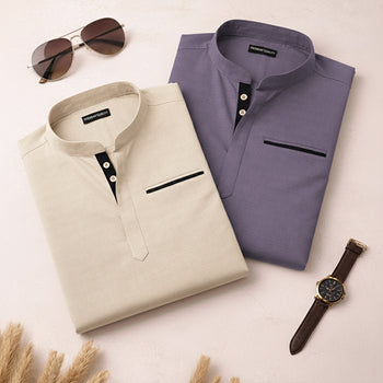 Pack Of 2 Urban Fit Cream & Purple Short Linen Kurta For Men