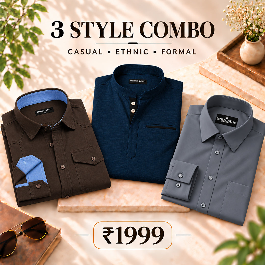 3 Style Combo (Dark Brown Cargo, Navy Blue Kurta, Dark Grey Plain Shirt)