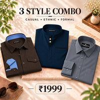 3 Style Combo (Dark Brown Cargo, Navy Blue Kurta, Dark Grey Plain Shirt)