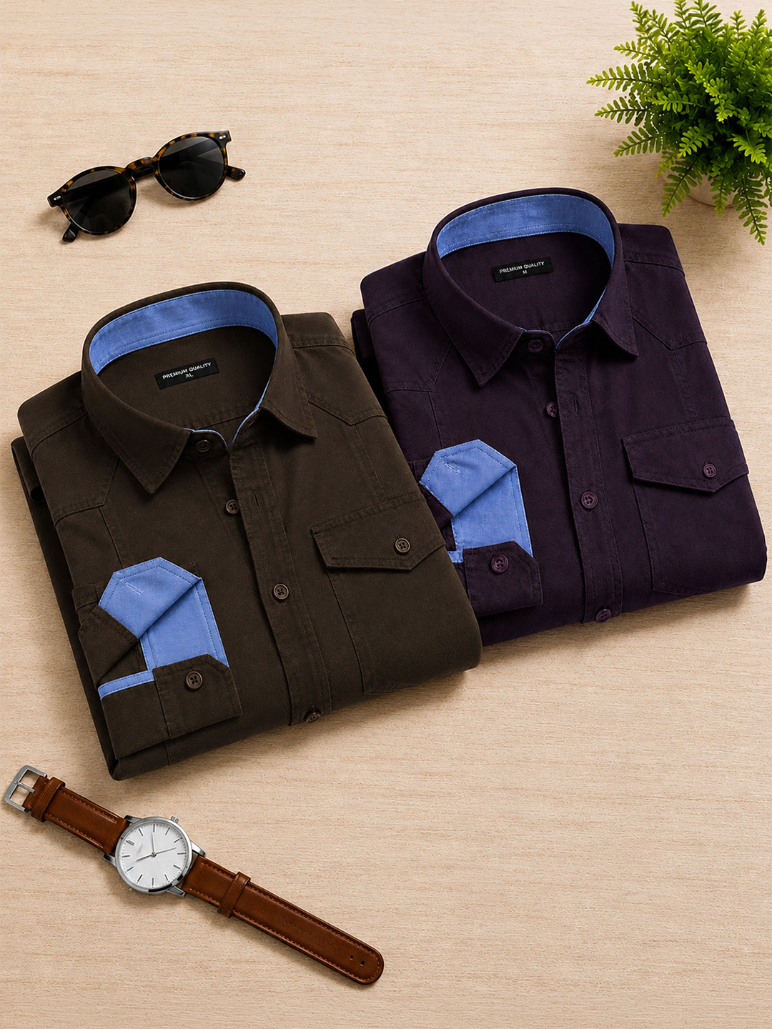 Pack Of 2 Cargo Style Wine & Dark Brown Shirt