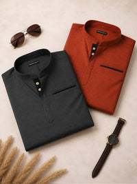 Pack Of 2 Urban Fit Dark Grey & Maroon Short Linen Kurta For Men