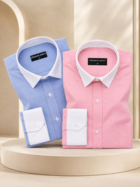 Pack of 2 White Collar Oxford Cotton Shirt For Men (Denim Blue & Pink)