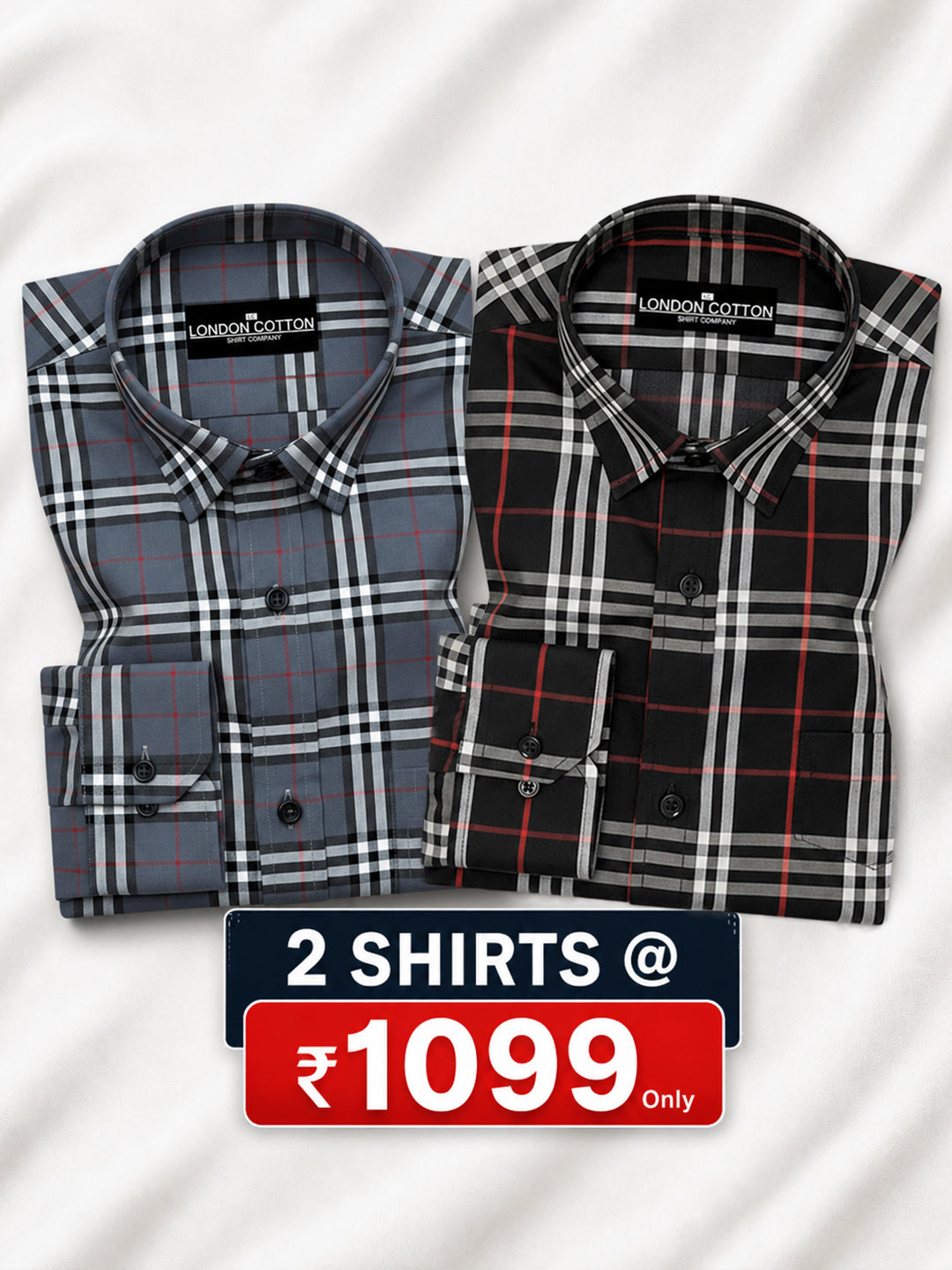 Pack of 2 Tartan Check Cotton Shirt (Denim & Black)