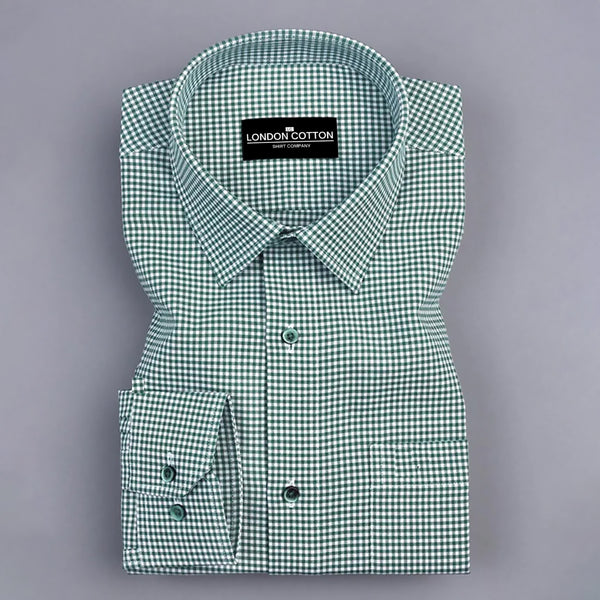 Green and white checkered shirt with 'London Cotton' label on a gray background