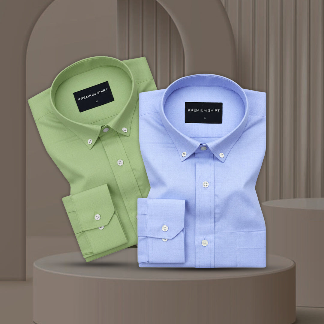 Pack of 2 Oxford Cotton Shirt For Men (Green & Denim Blue)