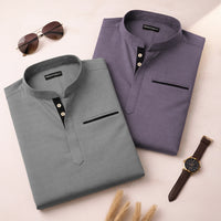 Pack Of 2 Urban Fit Grey & Purple Short Linen Kurta For Men