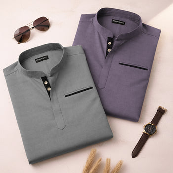 Pack Of 2 Urban Fit Grey & Purple Short Linen Kurta For Men