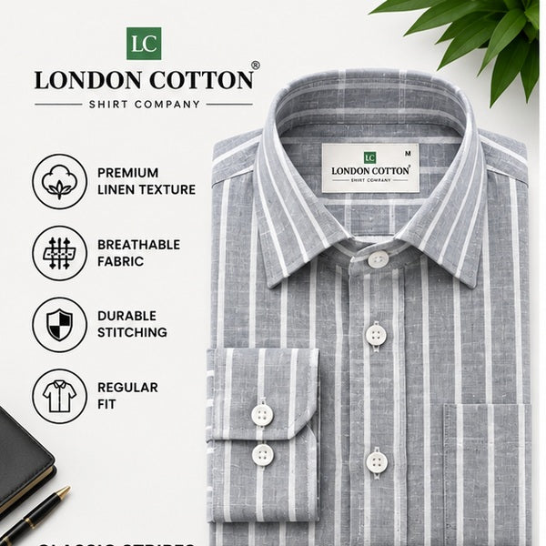 Men's Silver Striped Linen Textured Shirt – Regular Fit