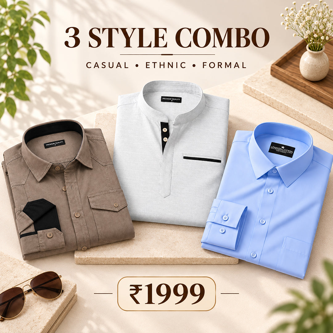 3 Style Combo (Khaki Cargo, White Kurta, Sky blue Plain Shirt)