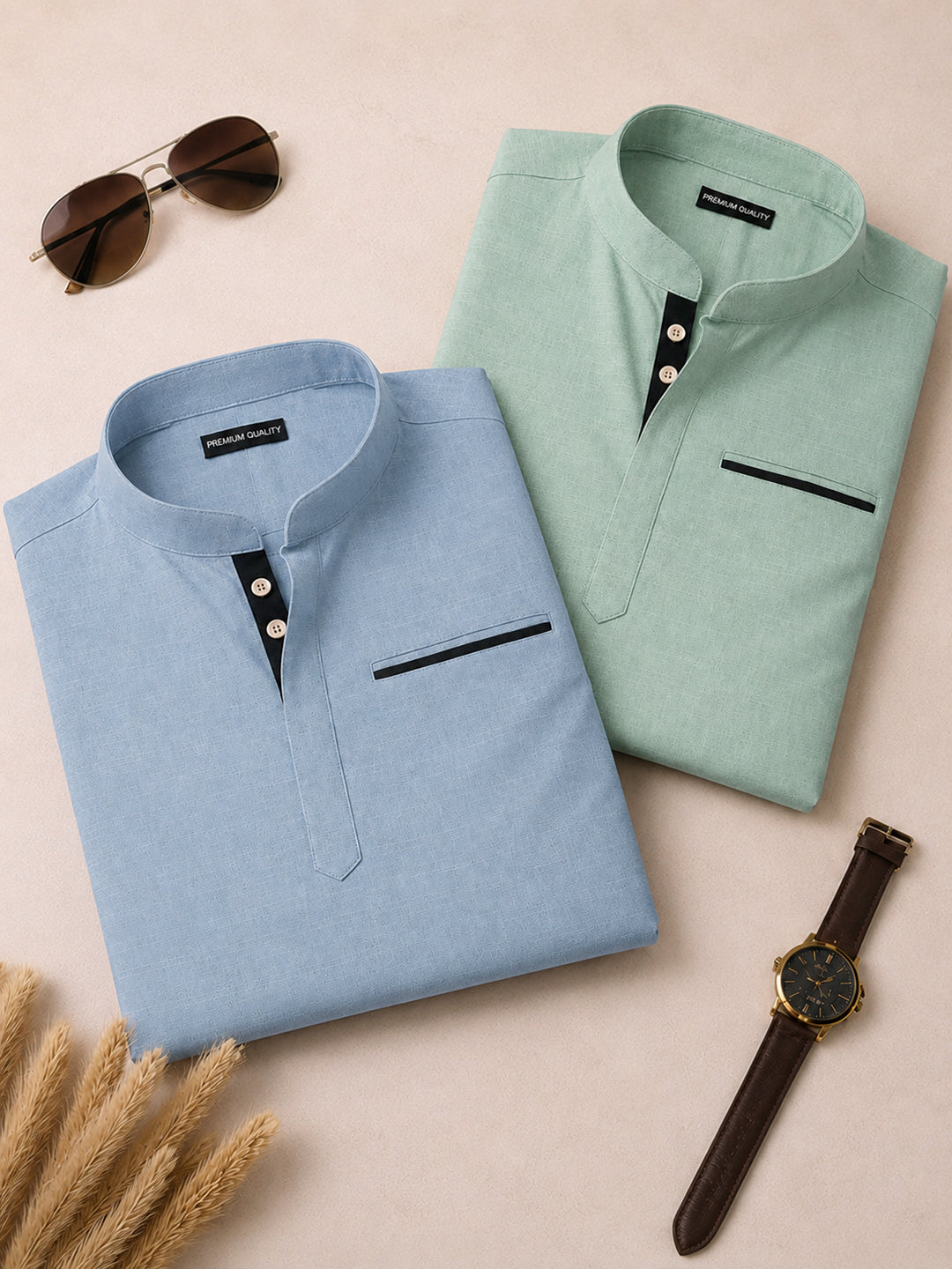 Pack Of 2 Urban Fit Light Blue & Sea Green Short Linen Kurta For Men