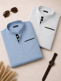 Pack Of 2 Urban Fit Light Blue & White Short Linen Kurta For Men