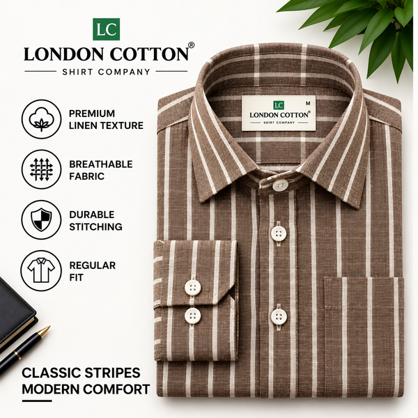 Men's Mocha Brown Striped Linen Texture Shirt – Regular Fit