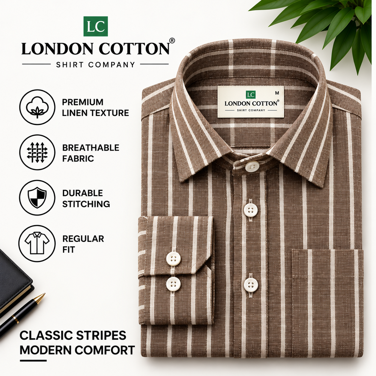 Men's Mocha Brown Striped Linen Texture Shirt – Regular Fit