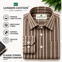 Men's Mocha Brown Striped Linen Texture Shirt – Regular Fit