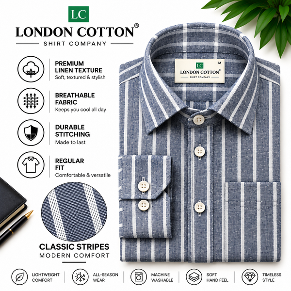 Men's Dark Grey Striped Linen Textured Shirt – Regular Fit