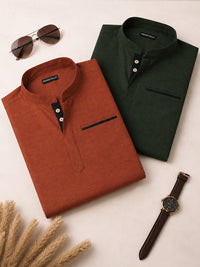 Pack Of 2 Urban Fit Maroon & Bottle Green Short Linen Kurta For Men