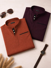 Pack Of 2 Urban Fit Wine & Maroon Short Linen Kurta For Men