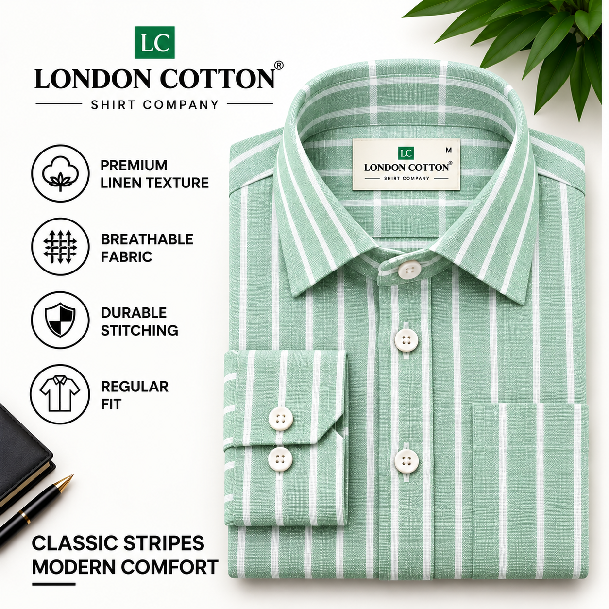 Men's Mint Green Striped Linen Textured Shirt – Regular Fit