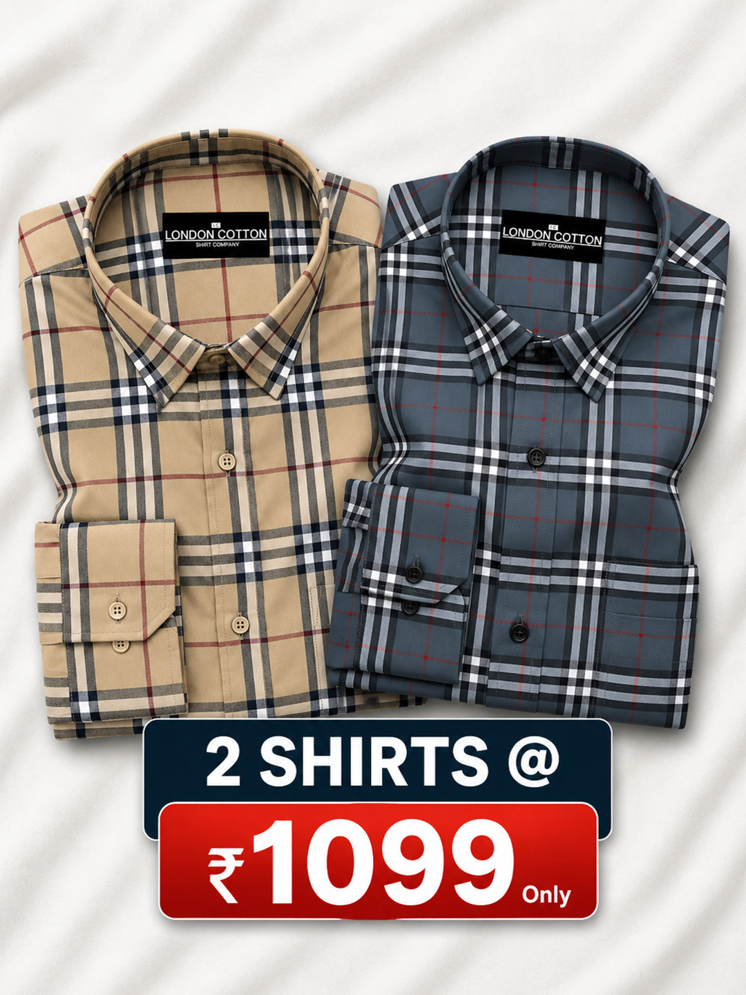 Pack of 2 Tartan Check Cotton Shirt (Mustard & Denim)