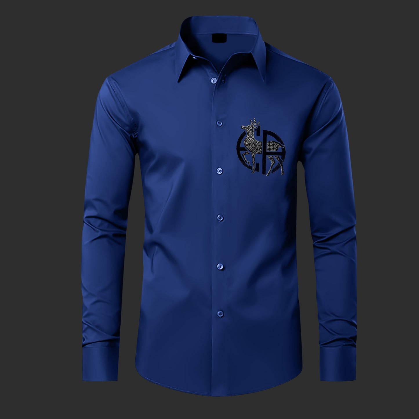 Blue shirt with a logo on a dark background