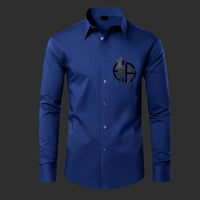 Blue shirt with a logo on a dark background