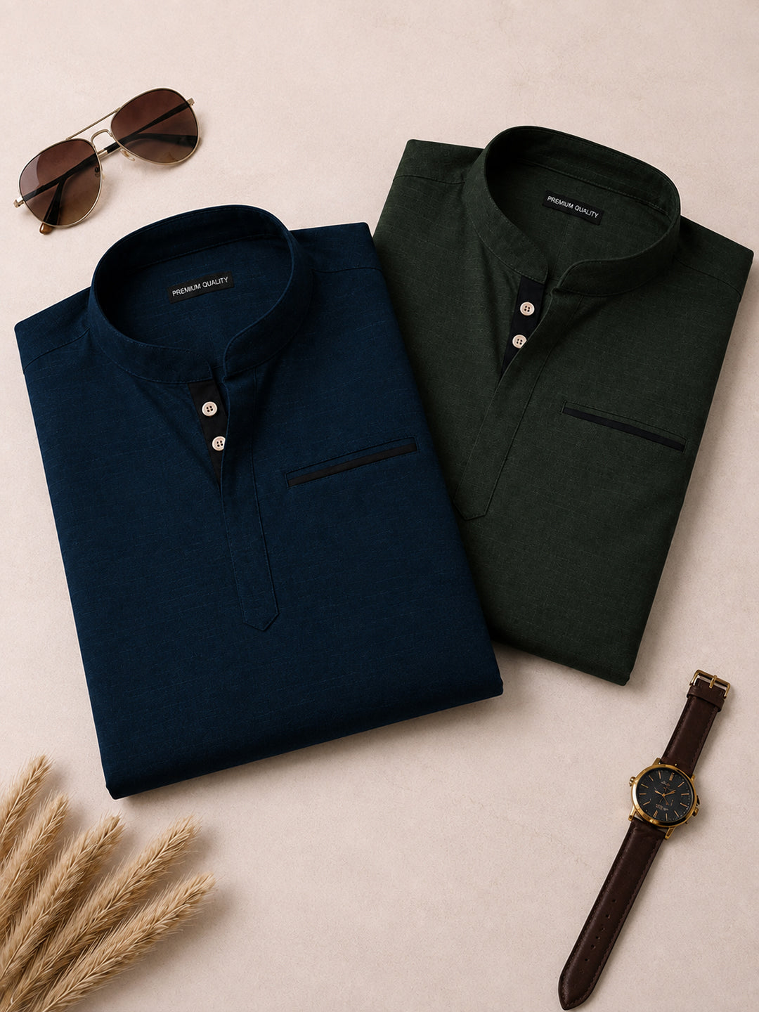 Pack Of 2 Urban Fit Navy Blue & Bottle Green Short Linen Kurta For Men