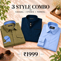 3 Style Combo (Olive Cargo, Navy Blue Kurta, Sky Blue Plain Shirt)