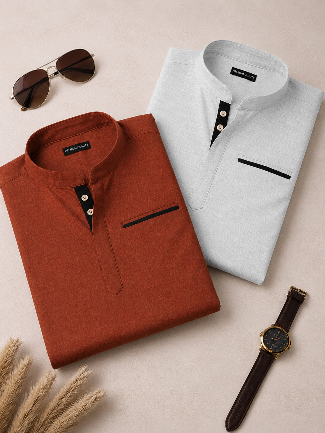 Pack Of 2 Urban Fit Orange & White Short Linen Kurta For Men