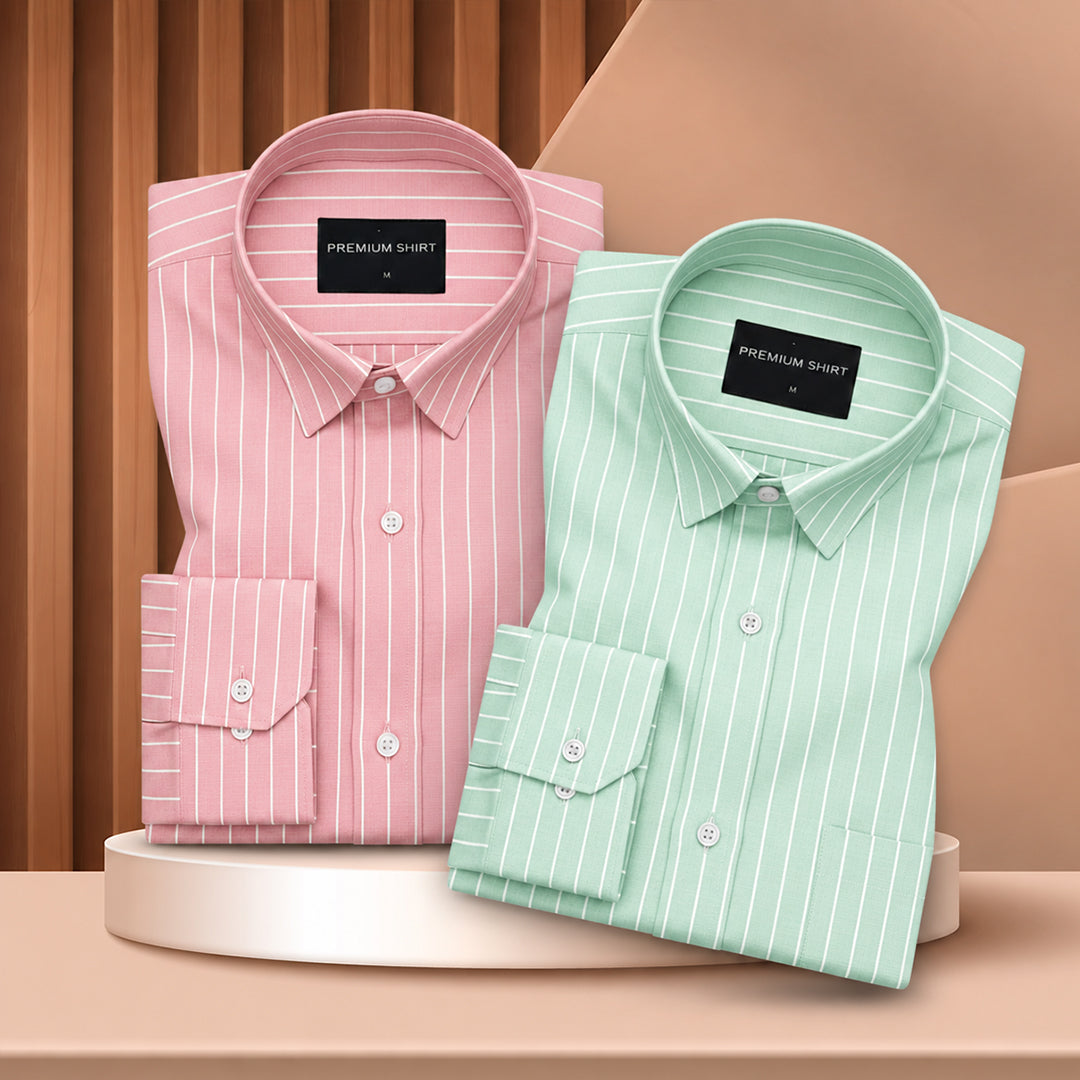 Peach & Mint Green Pinstripe Oxford Pack of 2 Shirts For Men