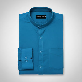 Folded blue shirt with 'Premium Shirts' label on a light gray background
