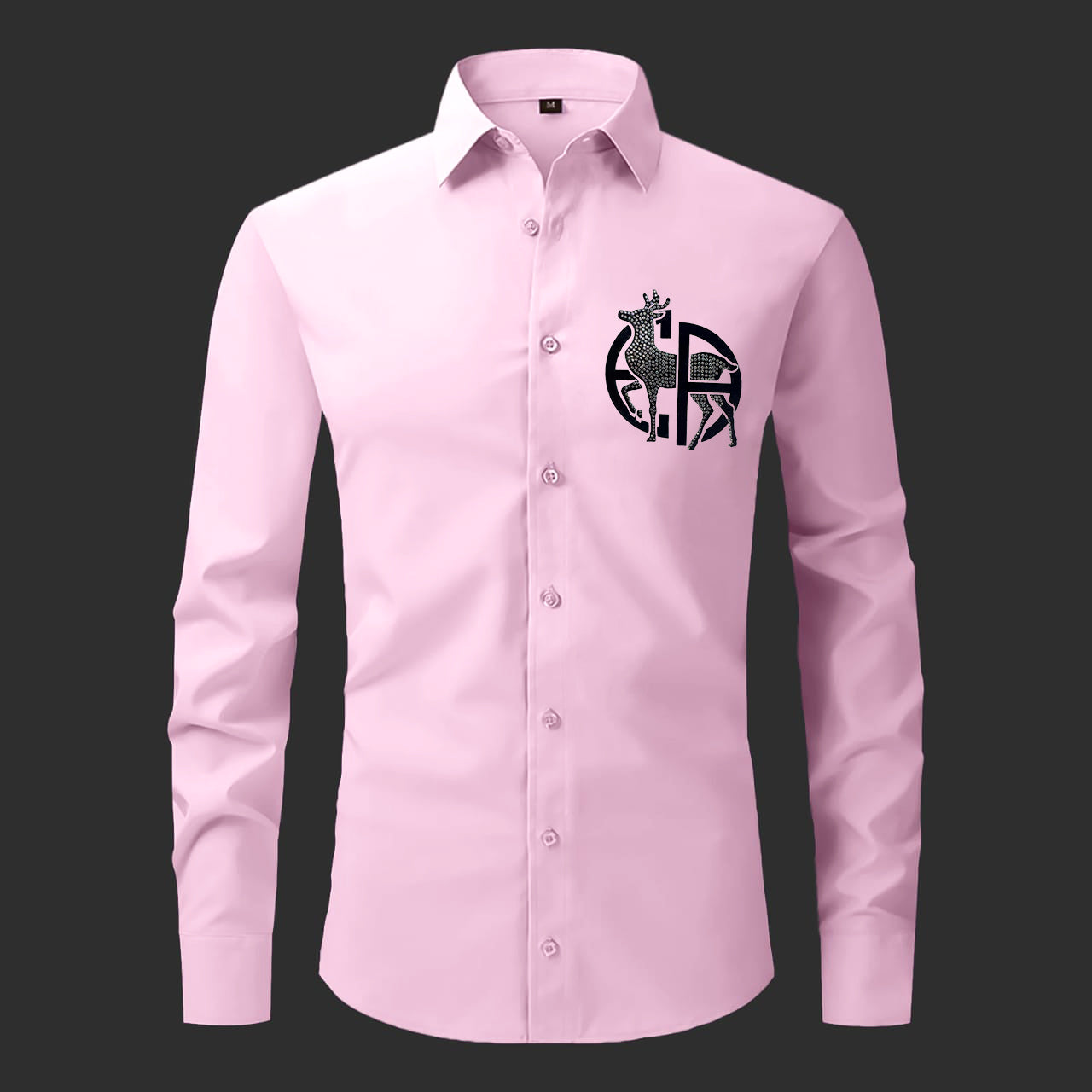 Pink shirt with a black logo on a black background