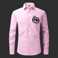 Pink shirt with a black logo on a black background