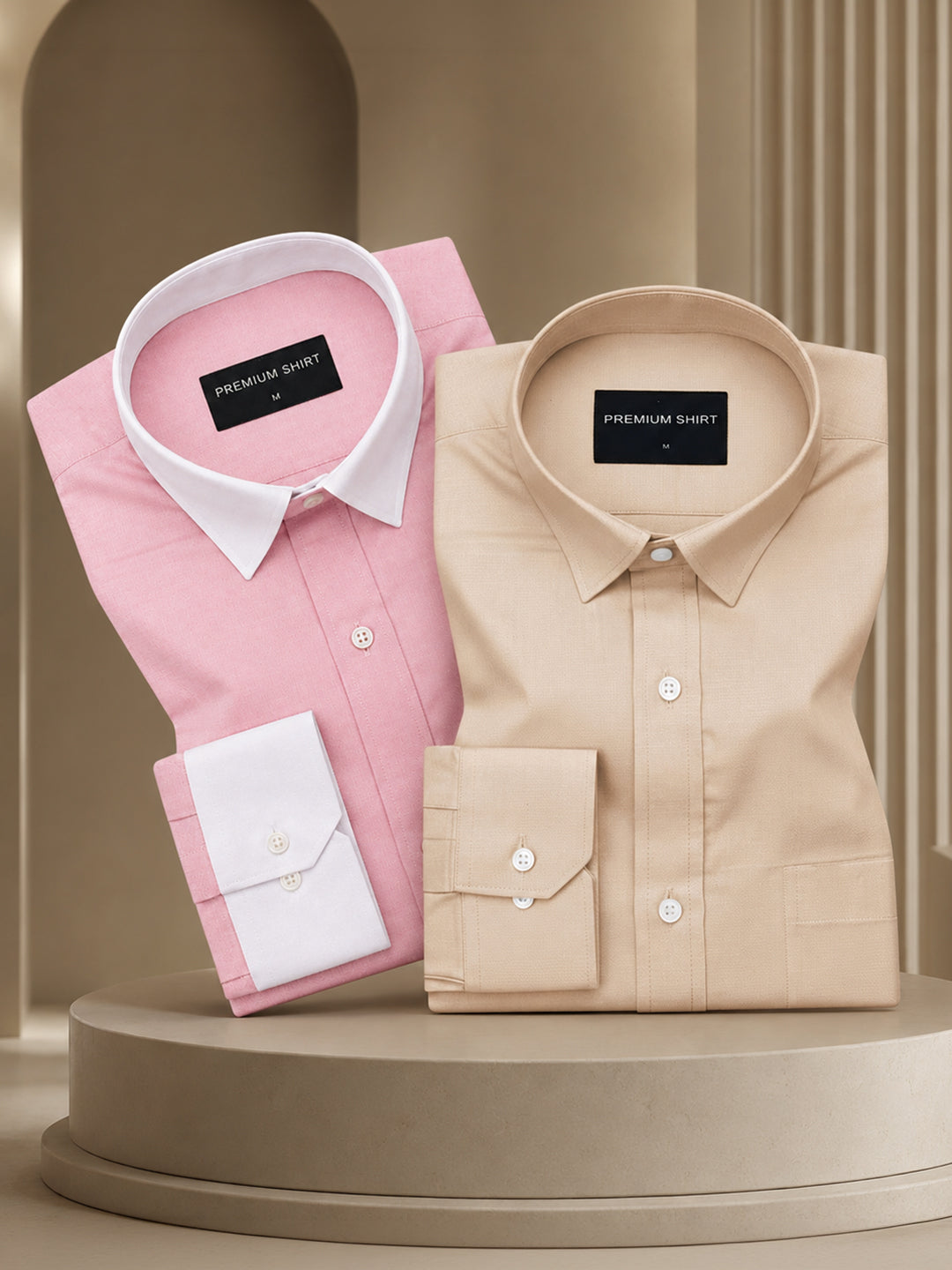 Pack of 2 Pink White Collar & Cream Formal Oxford Cotton Shirt For Men