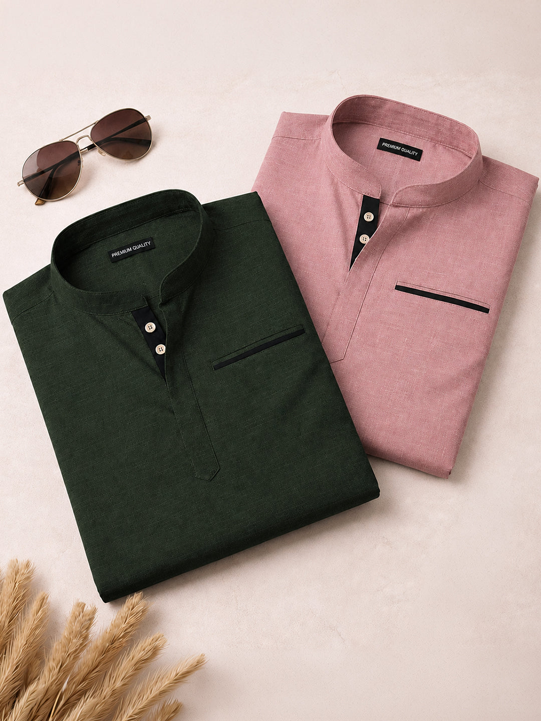 Pack Of 2 Urban Fit Bottle Green & Rose Gold Short Linen Kurta For Men